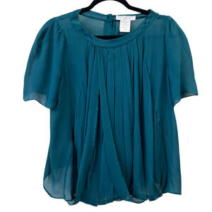 Chloe Jewel Green Sheer Silk Pleated Blouse Size 42 Approx Medium